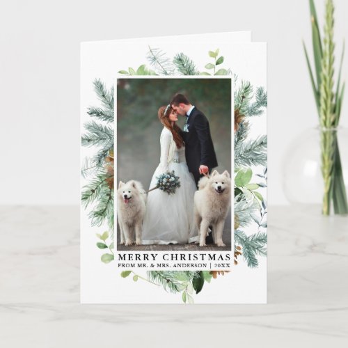 Elegant Watercolor Pine Frame Wedding Photo Fold Holiday Card