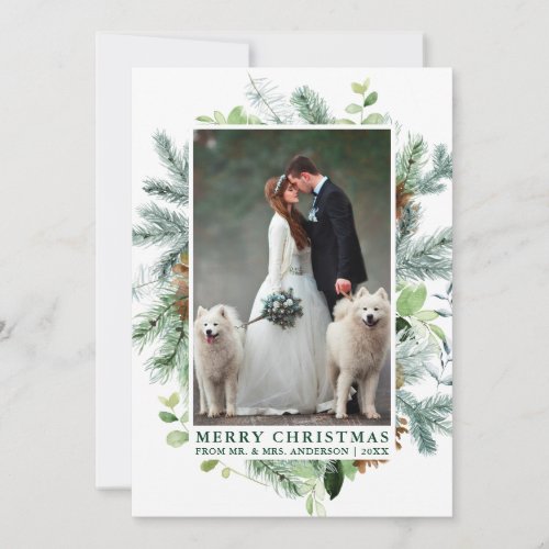 Elegant Watercolor Pine Frame Wedding Photo Green Holiday Card