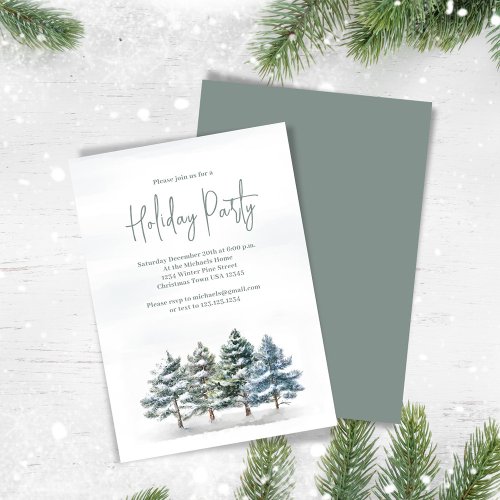 Elegant Watercolor Pine Tree Holiday Party Invitation