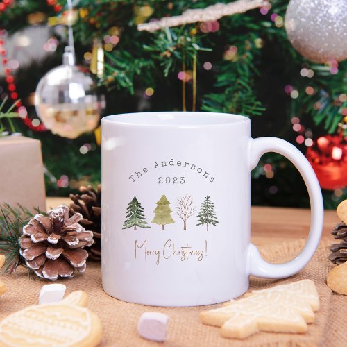 Elegant Watercolor Pine Trees Christmas Family Coffee Mug
