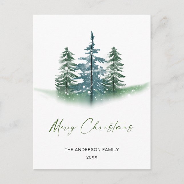 Elegant Watercolor Pine Trees Christmas Greeting Postcard (Front)