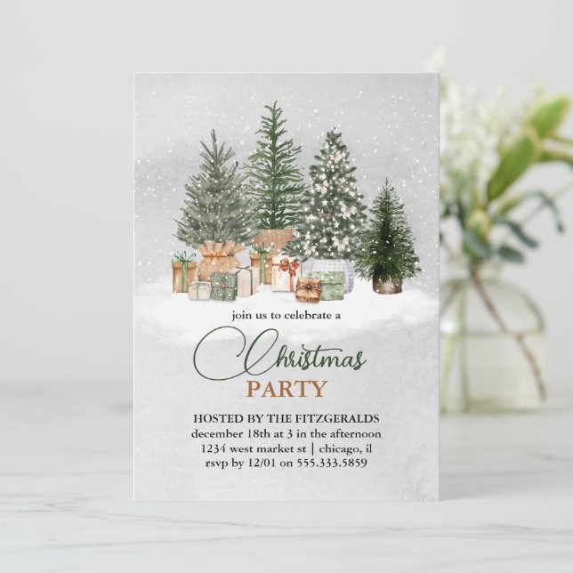 Elegant Watercolor Pine Trees Christmas Holiday  Invitation (Standing Front)