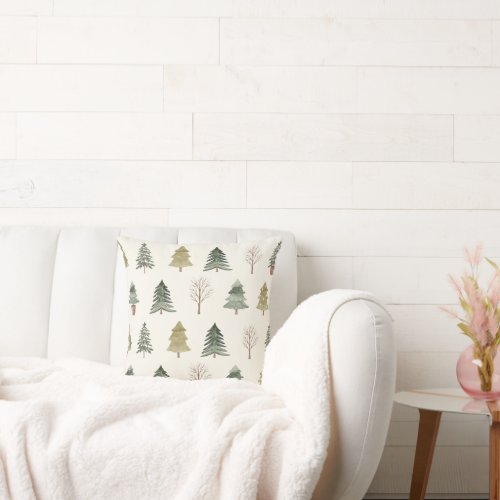 Elegant Watercolor Pine Trees Pattern Christmas Throw Pillow