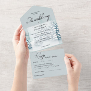 Elegant watercolor Pine trees RSVP Winter Wedding All In One Invitation
