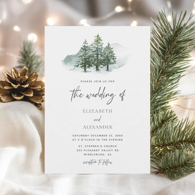Elegant Watercolor Pine Trees Winter Wedding Invitation | Zazzle