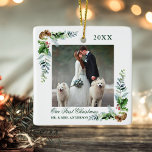 Elegant Watercolor Pine Wedding First Christmas Ceramic Ornament<br><div class="desc">Elegant Watercolor Pine Cone Greenery and Holly Berries Our First Christmas Wedding Photo Ornament</div>