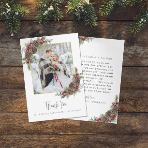 Elegant Watercolor Pine Winter Wedding Photo Thank You Card