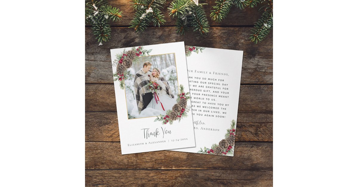 Elegant Watercolor Pine Winter Wedding Photo Thank You Card | Zazzle
