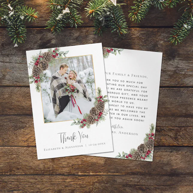Elegant Watercolor Pine Winter Wedding Photo Thank You Card | Zazzle