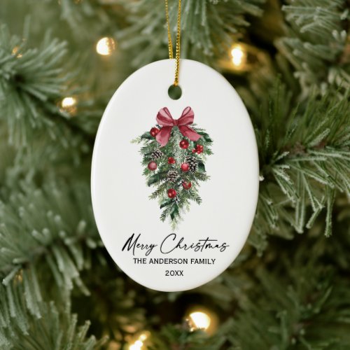 Elegant Watercolor Pines Calligraphy Ink Christmas Ceramic Ornament