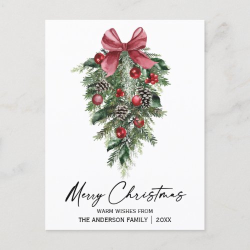 Elegant Watercolor Pines Calligraphy Ink Christmas Holiday Postcard