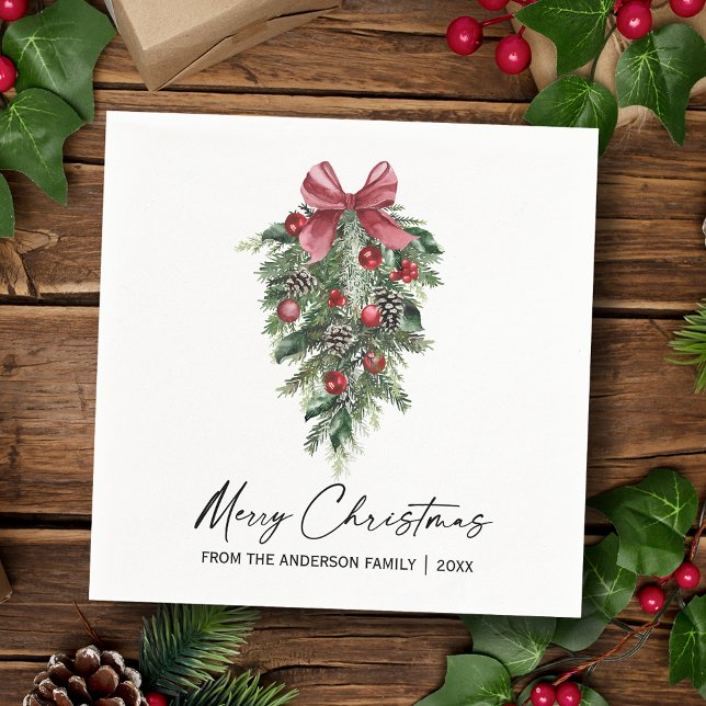 Elegant Watercolor Pines Calligraphy Ink Christmas Napkins (Customize to change your personalized text size or text style.)