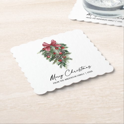 Elegant Watercolor Pines Calligraphy Ink Christmas Paper Coaster