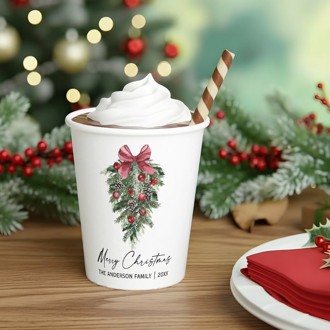 Elegant Watercolor Pines Calligraphy Ink Christmas Paper Cups (Customize to change your personalized text size or text style.)
