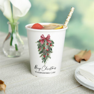 Elegant Watercolor Pines Calligraphy Ink Christmas Paper Cups