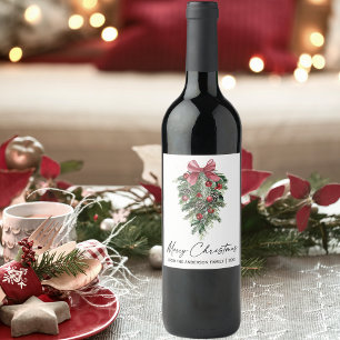 Elegant Watercolor Pines Calligraphy Ink Christmas Wine Label