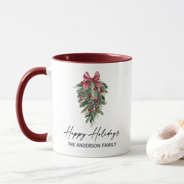 Elegant Watercolor Pines Calligraphy Ink Holiday Mug (With Donut)
