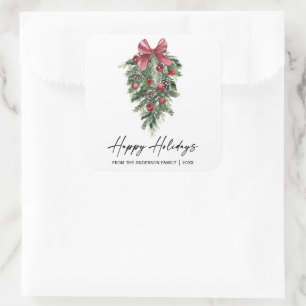 Elegant Watercolor Pines Calligraphy Ink Holiday Square Sticker