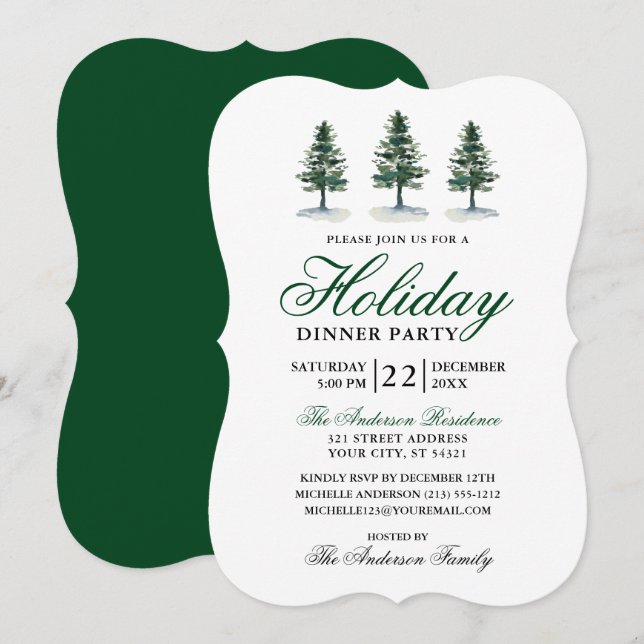 Elegant Watercolor Pines Holiday Party Invitation (Front/Back)