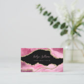 elegant watercolor pink agate on black business card (Standing Front)