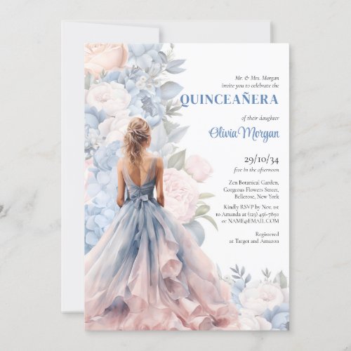 Elegant watercolor pink and blue floral ball dress invitation