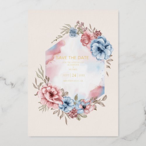 Elegant Watercolor Pink and Blue Florals Wedding Foil Invitation