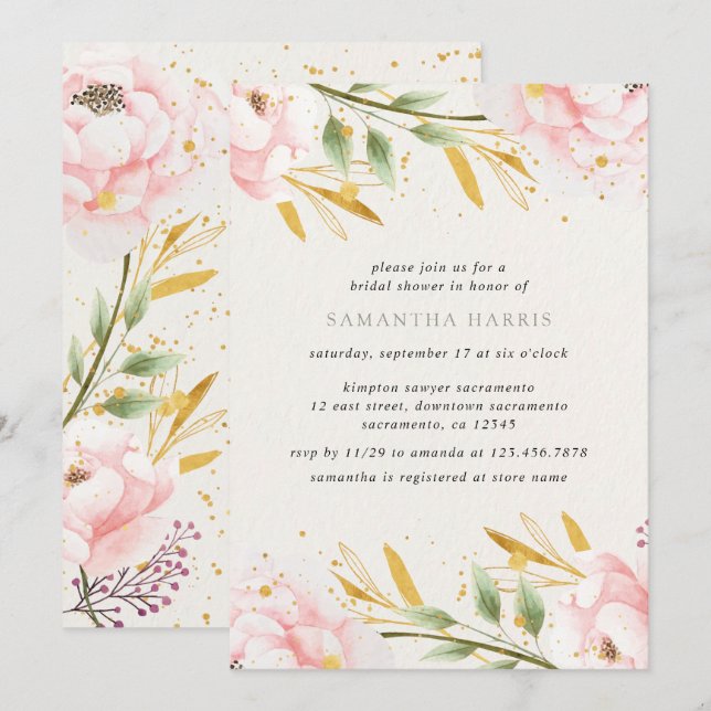 Elegant Watercolor Pink And Gold  Bridal Shower Invitation (Front/Back)