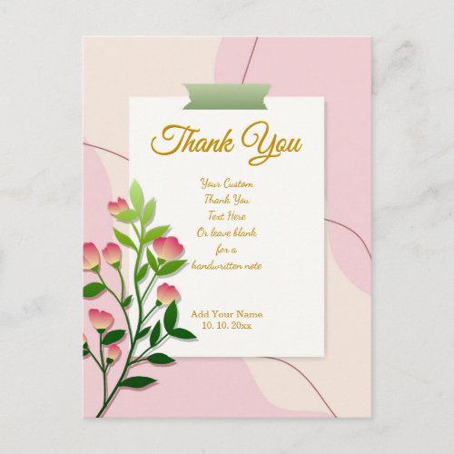 Elegant watercolor Pink and Gold Floral Thank You Postcard