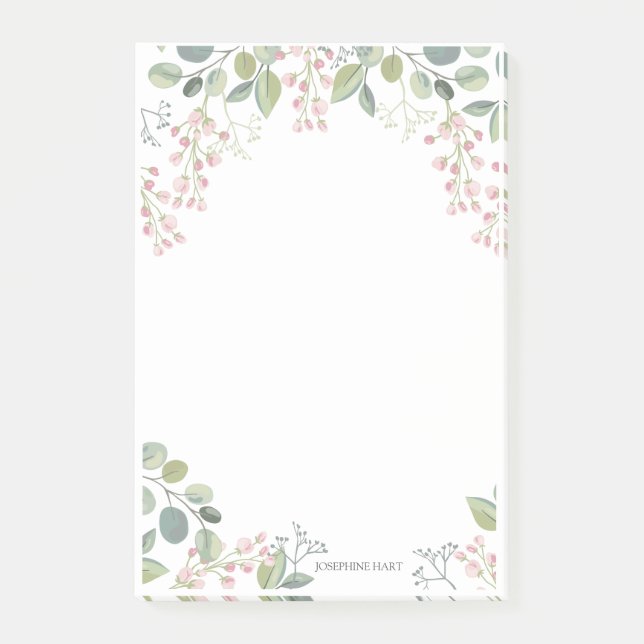 Elegant Watercolor Pink Blossom & Name Post-it Notes (Front)