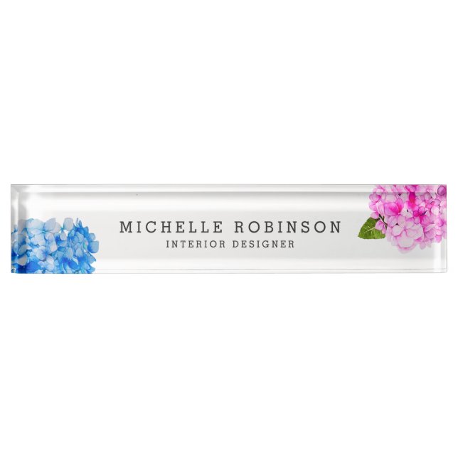 Elegant Watercolor Pink Blue Florals Desk Name Plate (Front)