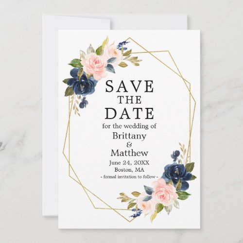 Elegant Watercolor Pink Blue Roses Geo Frame Save The Date