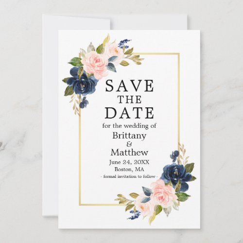 Elegant Watercolor Pink Blue Roses Gold Frame Save The Date