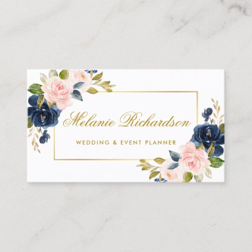 Elegant Watercolor Pink Blush Blue Floral Gold Business Card