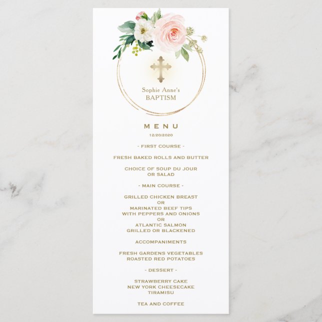 Elegant Watercolor Pink Blush Floral Baptism Menu (Front)
