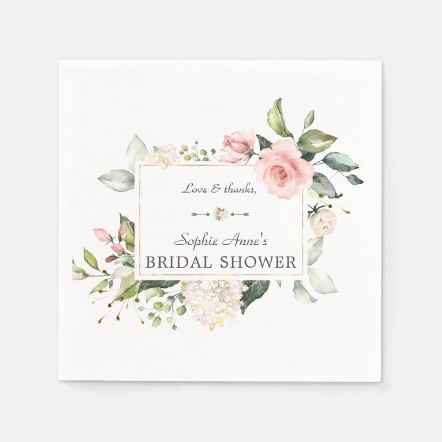 Elegant Watercolor Pink Blush Floral Bridal Shower Napkins (Front)