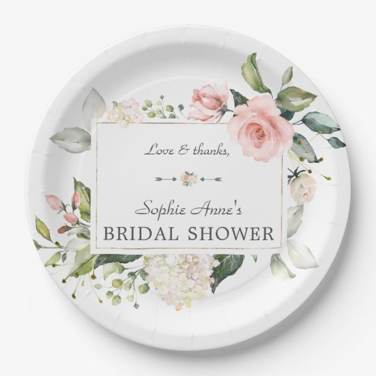 Elegant Watercolor Pink Blush Floral Bridal Shower Paper Plate