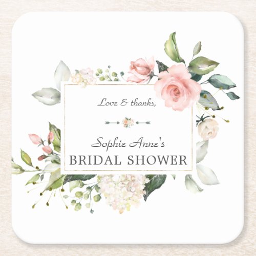 Elegant Watercolor Pink Blush Floral Bridal Shower Square Paper Coaster