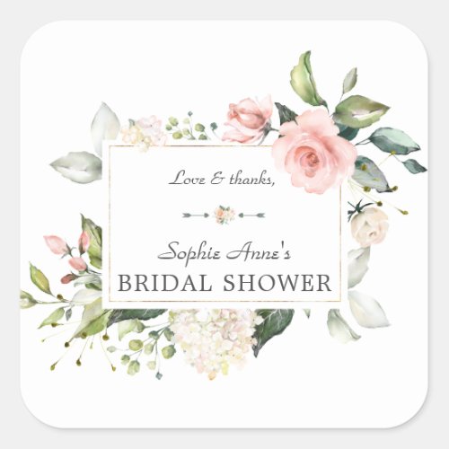Elegant Watercolor Pink Blush Floral Bridal Shower Square Sticker
