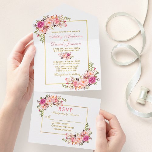Elegant Watercolor Pink Blush Floral Gold All In One Invitation