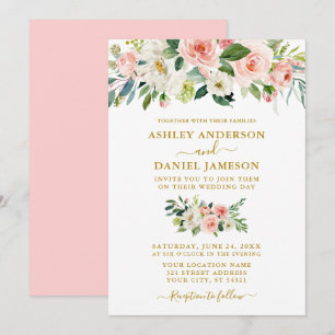 Elegant Watercolor Pink Blush Floral Wedding Gold Invitation