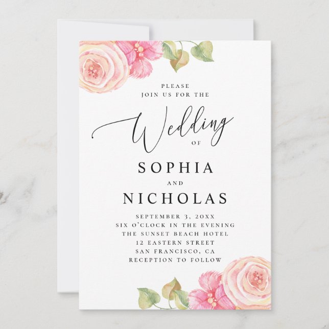 Elegant watercolor pink blush floral wedding invitation (Front)