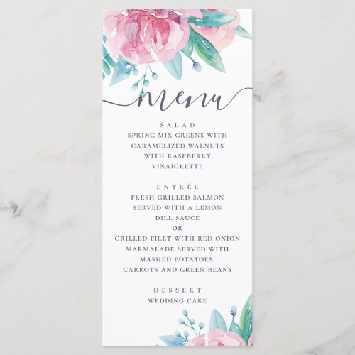 Elegant watercolor pink blush floral wedding  menu