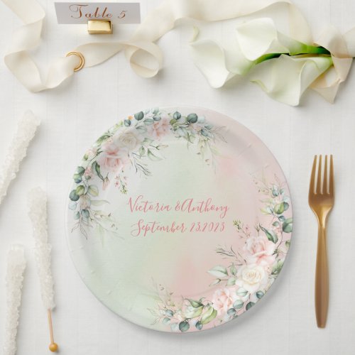 Elegant Watercolor Pink Blush Floral Wedding Paper Plates