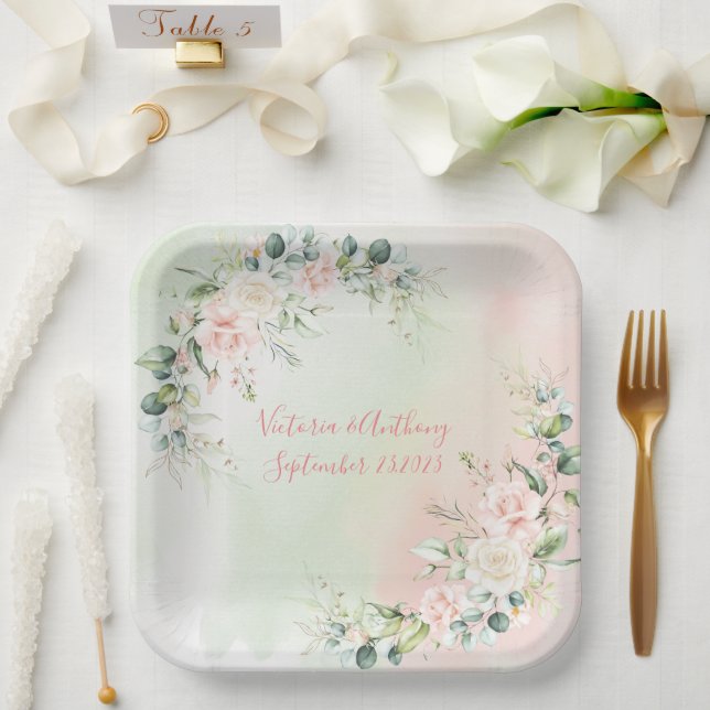 Elegant Watercolor Pink Blush Floral Wedding Paper Plates (Wedding)