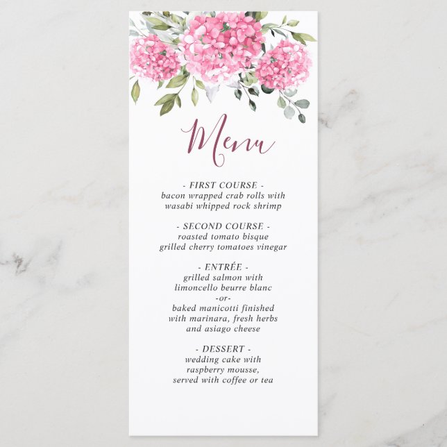 Elegant Watercolor Pink Blush Hydrangea Wedding Menu (Front)