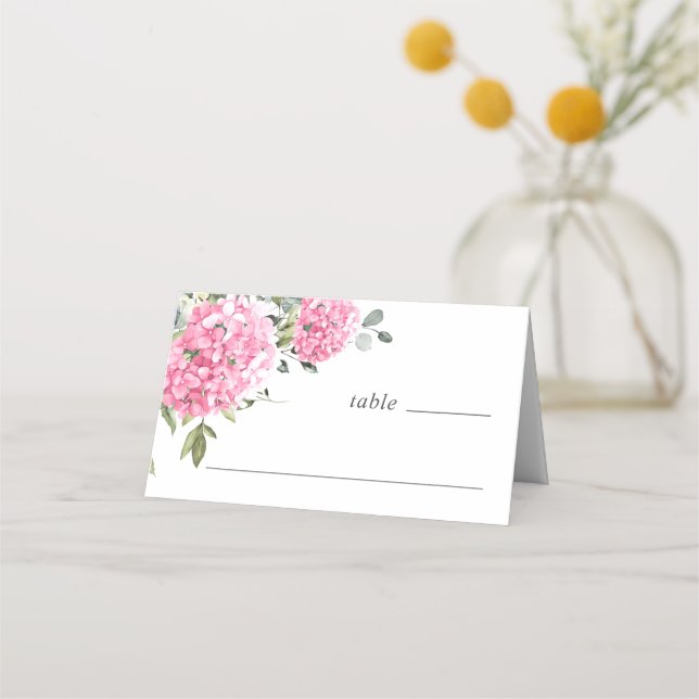 Elegant Watercolor Pink Blush Hydrangea Wedding Place Card (Front)