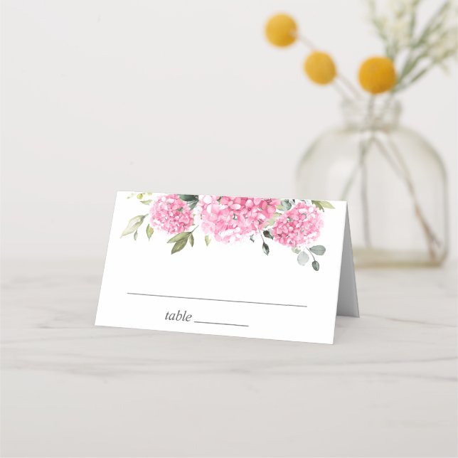 Elegant Watercolor Pink Blush Hydrangea Wedding Place Card (Front)
