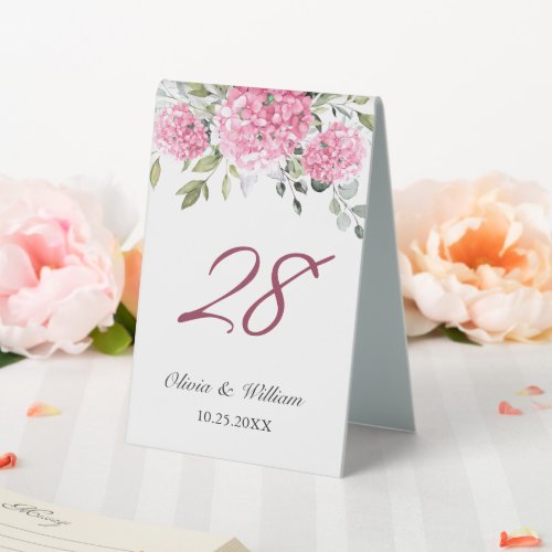 Elegant Watercolor Pink Blush Hydrangea Wedding Table Tent Sign