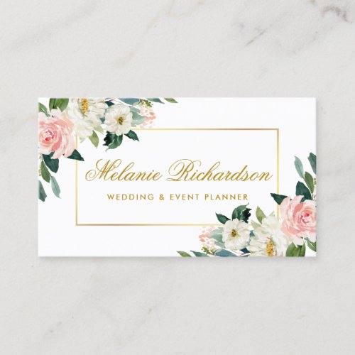Elegant Watercolor Pink Blush White Floral Gold Business Card