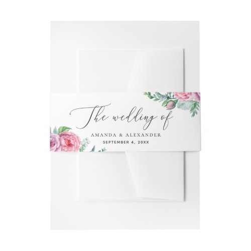 Elegant watercolor pink boho floral script wedding invitation belly band